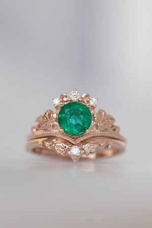 1 carat emerald engagement ring set, nature themed gold stacking rings with diamonds / Ariadne - Eden Garden Jewelry™