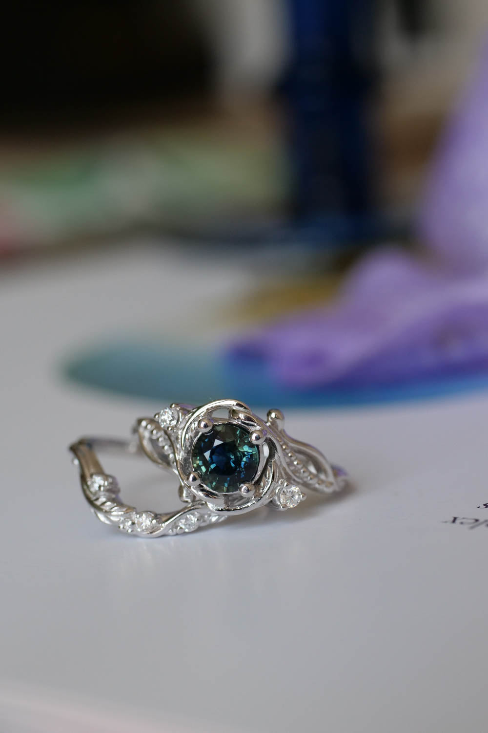 Genuine teal sapphire engagement ring set, white gold bridal ring set with sapphire and diamonds / Undina - Eden Garden Jewelry™