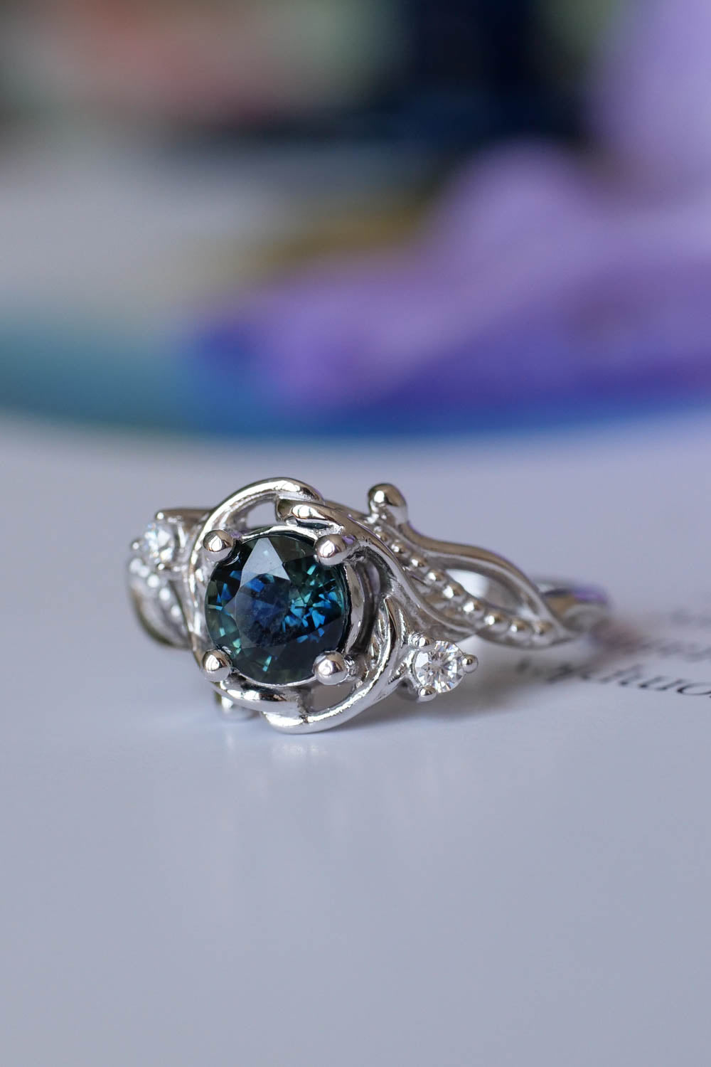 Teal Sapphire nature themed engagement ring, elvish white gold proposal ring / Undina - Eden Garden Jewelry™