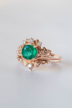 1 carat emerald engagement ring set, nature themed gold stacking rings with diamonds / Ariadne - Eden Garden Jewelry™