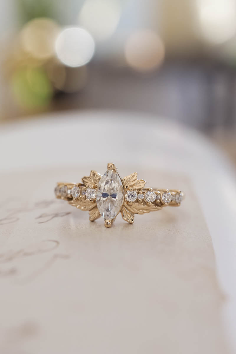 Marquise moissanite engagement ring, gold leaf ring / Verbena - Eden Garden Jewelry™