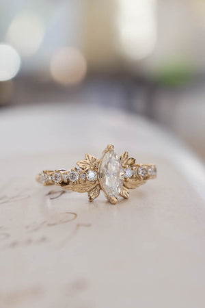 Marquise moissanite engagement ring, gold leaf ring / Verbena - Eden Garden Jewelry™