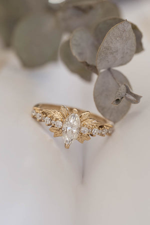 Marquise moissanite engagement ring, gold leaf ring / Verbena - Eden Garden Jewelry™